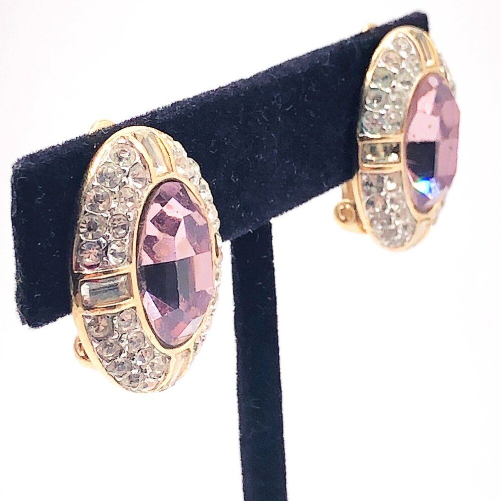 Givenchy Paris New York Pink Crystal Halo Clip-On Earrings Vintage - Picture 2 of 14